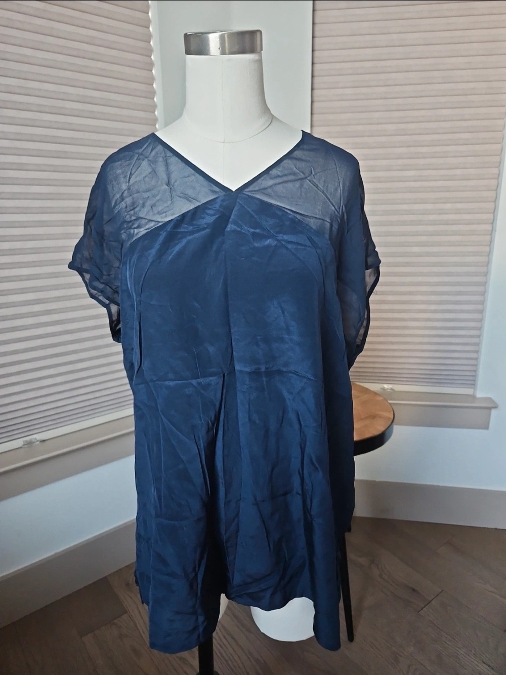 NWT Vince Silk Blouse Navy sheer shoulders and back